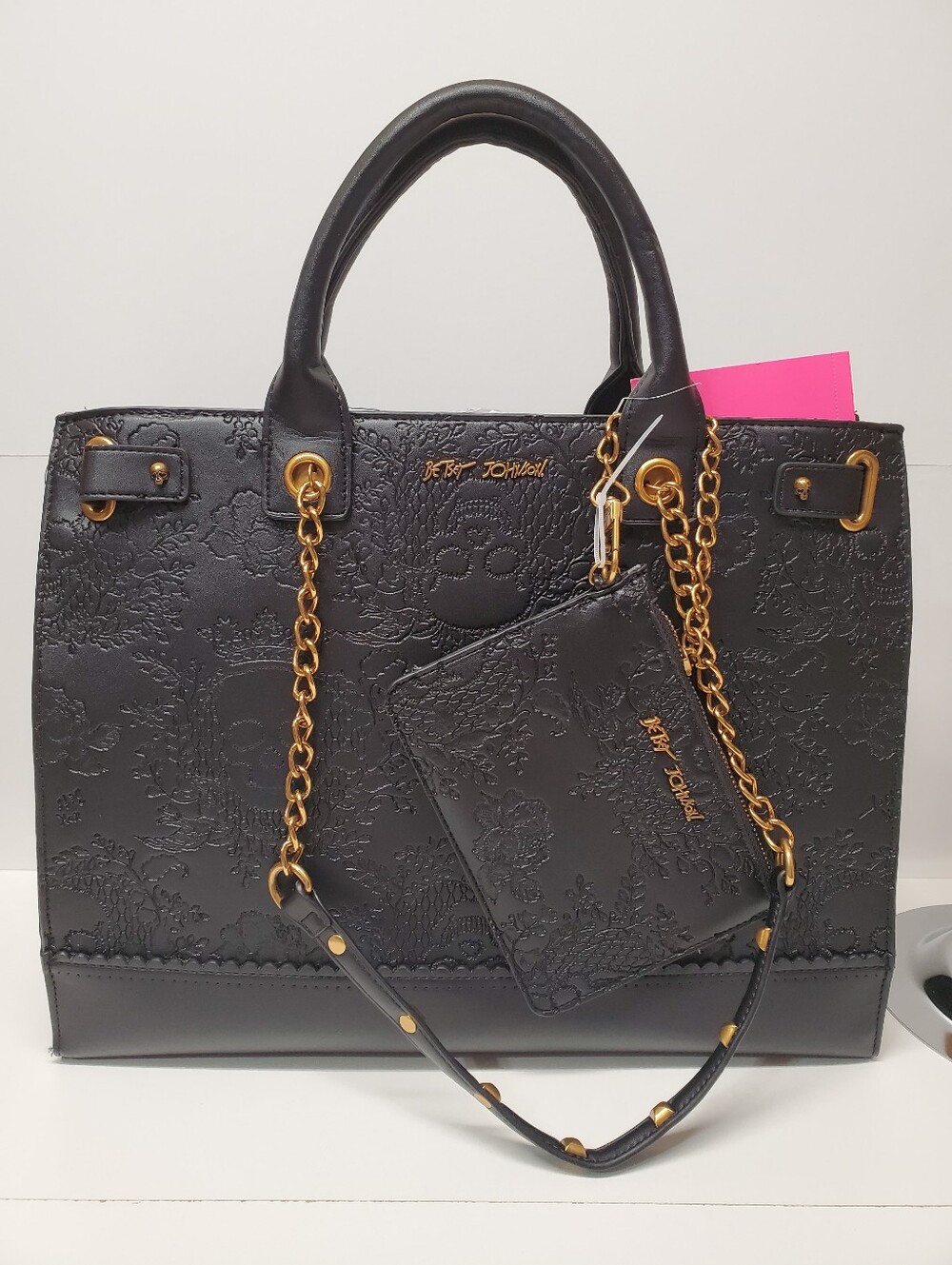 Betsey Johnson Black Embossed Satchel with Gold Chain Accents